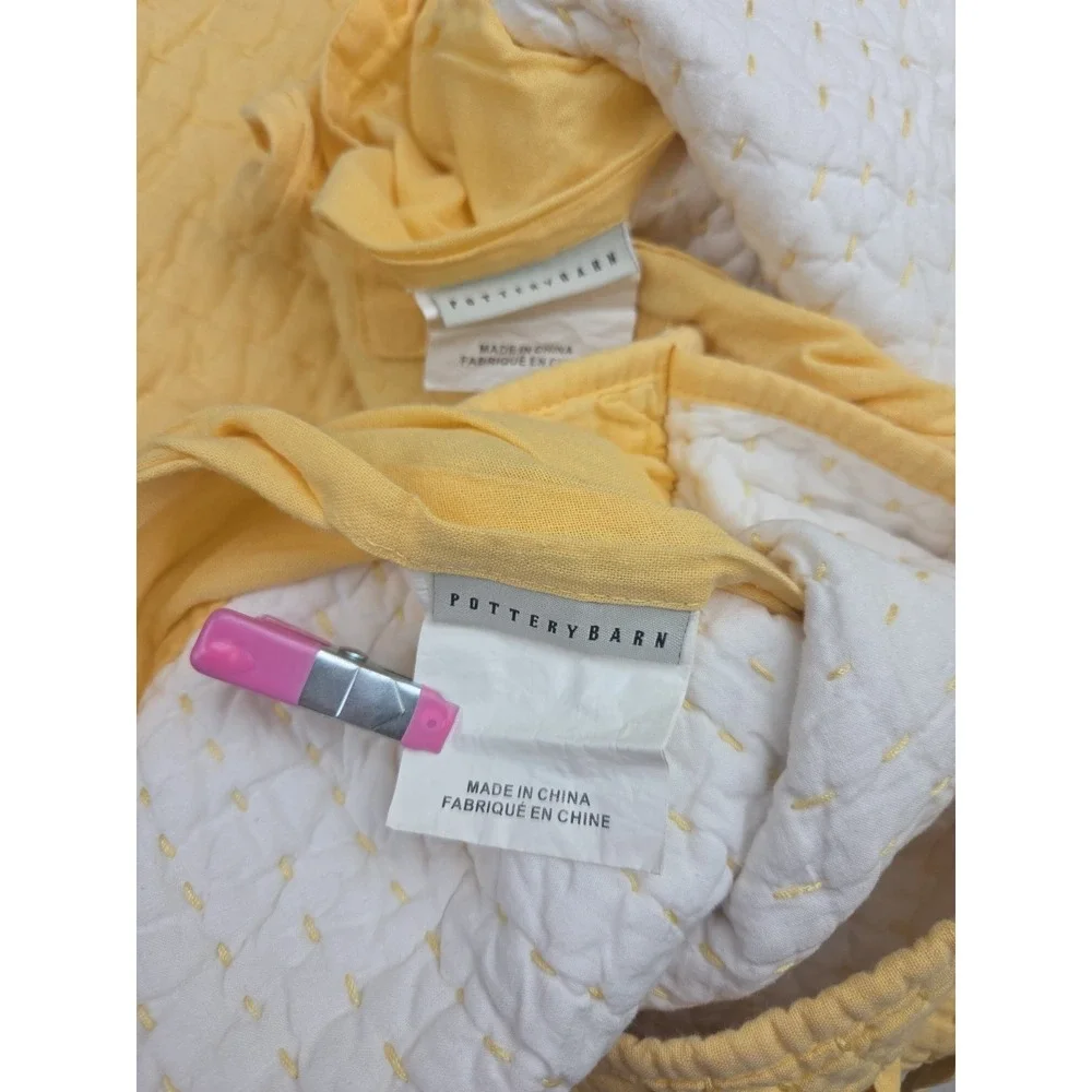2 Pottery Barn‎ Pick Stitch Quilted Standard Shams Cotton Linen Yellow Tie 2009